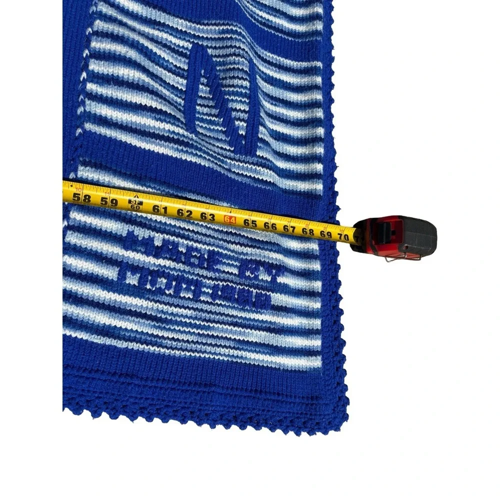 Vintage Hand Knit Crochet Afghan Throw Blue White Pattern Letters Numbers 1988